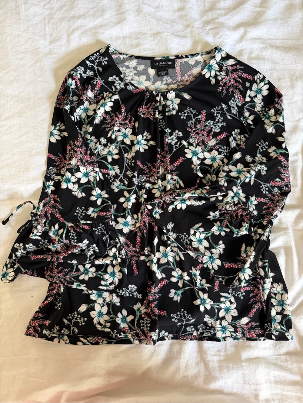 Liz Claiborne Black Floral Long-Sleeve Blouse with Teal & Pink Accents